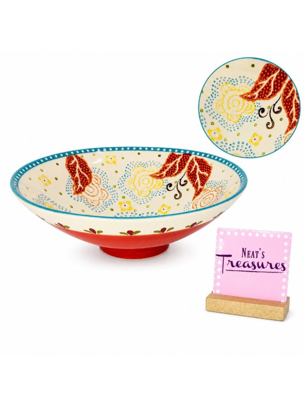 Coastline Imports ARTISTIC ACCENTS Red Blue Floral Dots Ceramic 10" Serving Bowl
